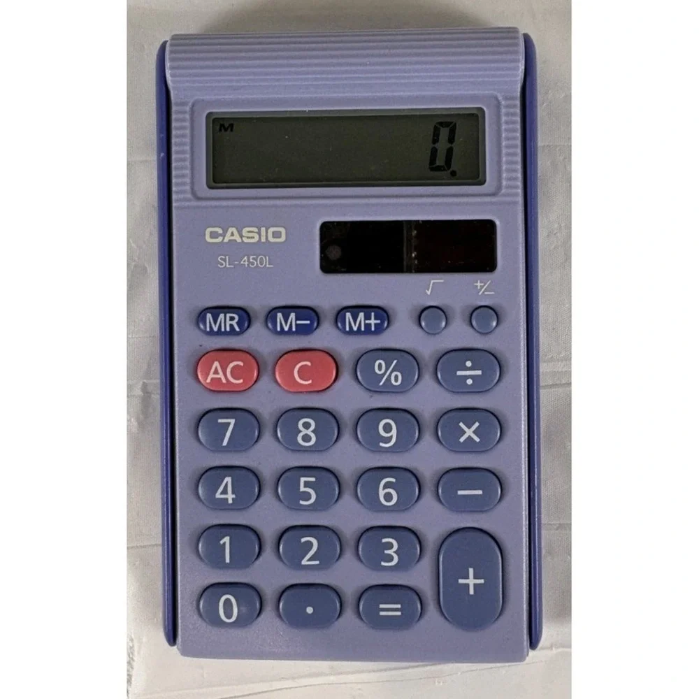 Vintage Casio SL-450L Basic Handheld Solar Powered Calculator w/Case - Purple